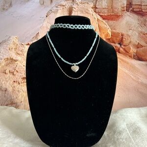 Blue and Silver Layered Necklace Set with Heart Pendant